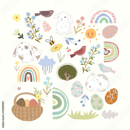 Set with bunny, eggs, rainbows, flowers and plants. Cute hand drawn Easter set.