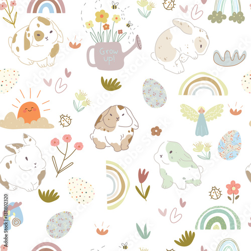 Seamless pattern with hand drawn bunny eggs and plants.
