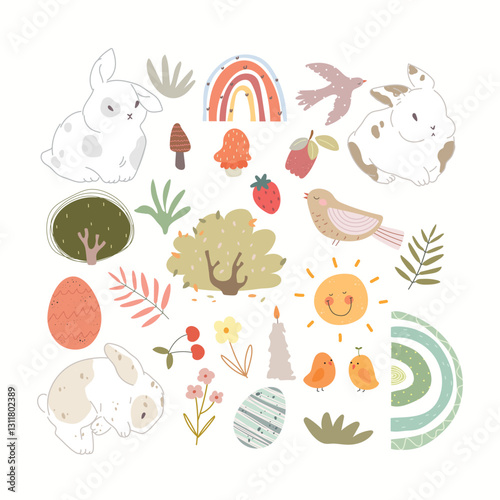 Cute hand drawn Easter set with bunny, plants, rainbows, cartoon world. Vector illustration for kids.