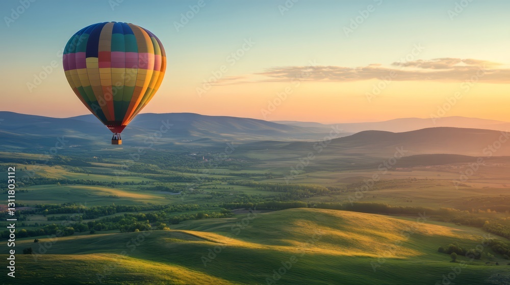 Fototapeta premium A colorful hot air balloon floating over a vast green valley at sunrise