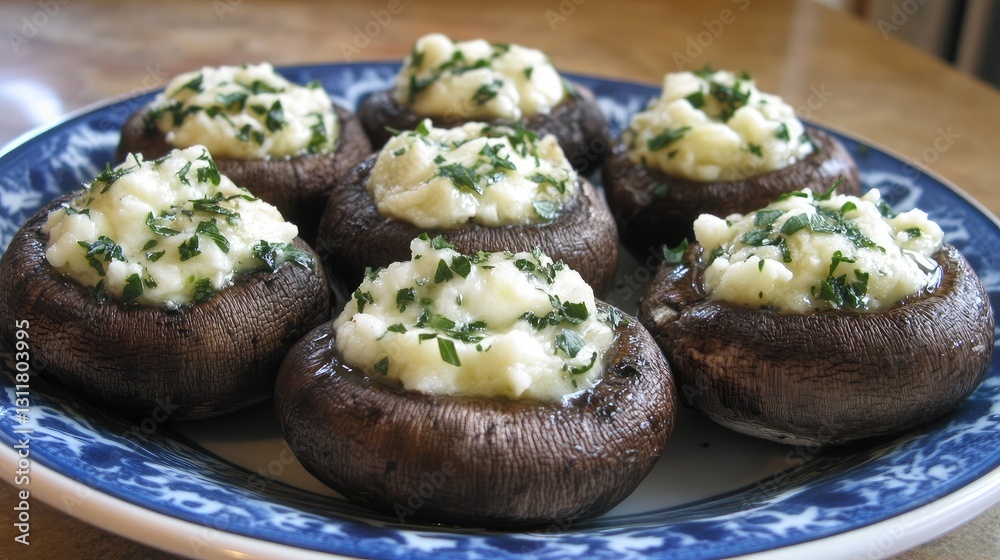 Fototapeta premium A plate of stuffed mushrooms with garlic, cheese, and fresh herbs.