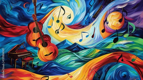 Vibrant abstract musical artwork with instruments.