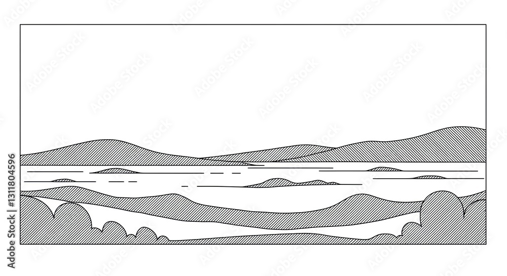 Fototapeta premium Minimalist Landscape Line Art: Simple Black and White Outline Drawing of Mountains and Lake, Ideal for Backgrounds, Coloring Pages and Graphic Design.