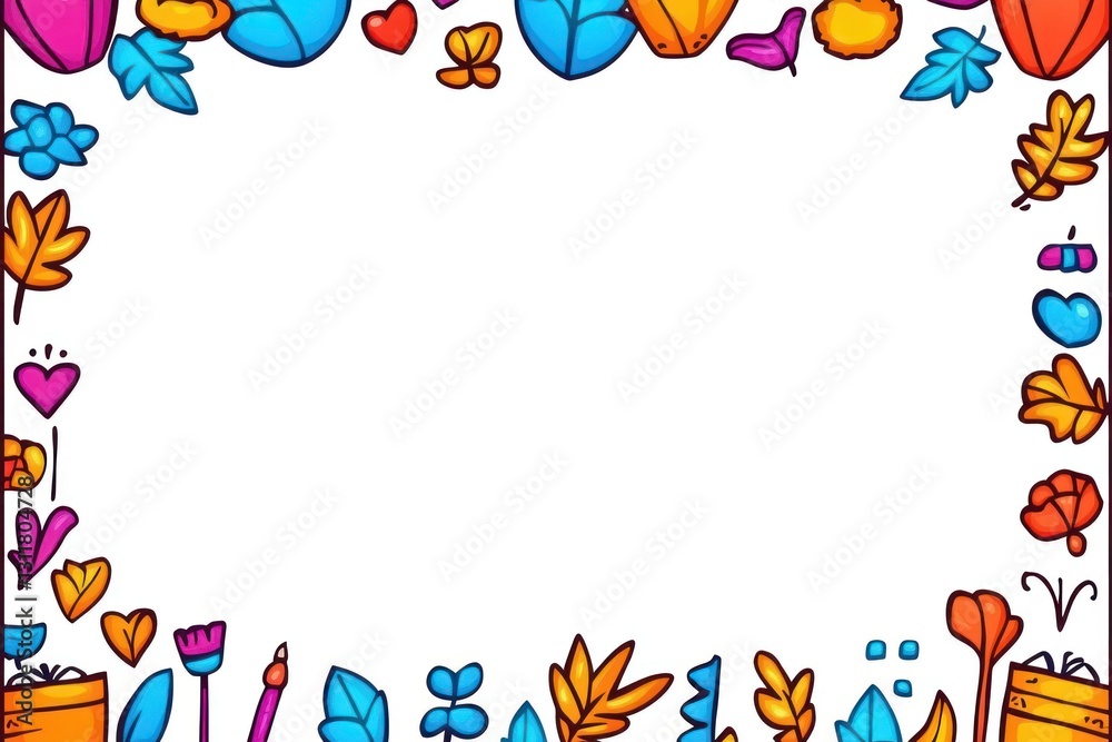 Decorative border with vibrant autumnal and floral elements creating a colorful frame on a white background Decorative border with vibrant autumnal and floral elements creating a colorful frame on a white background