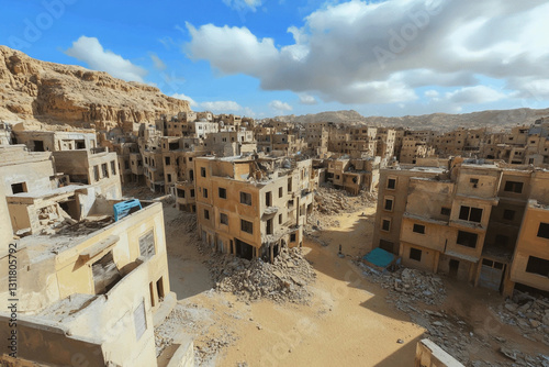 Ghost town reveals remnants of collapsed buildings and eroded landscapes in a forgotten location