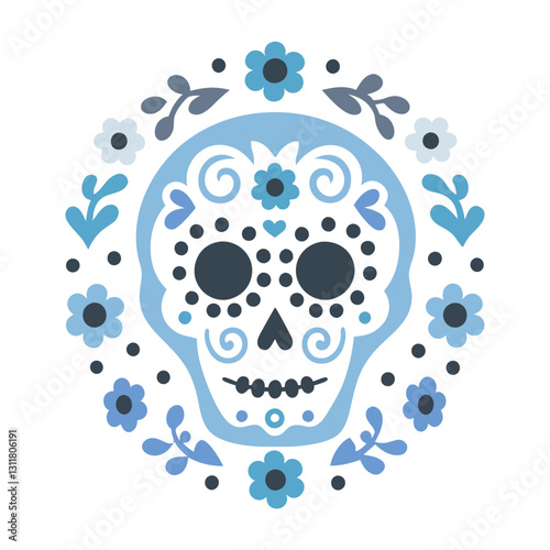 Blue Sugar Skull with Floral Wreath