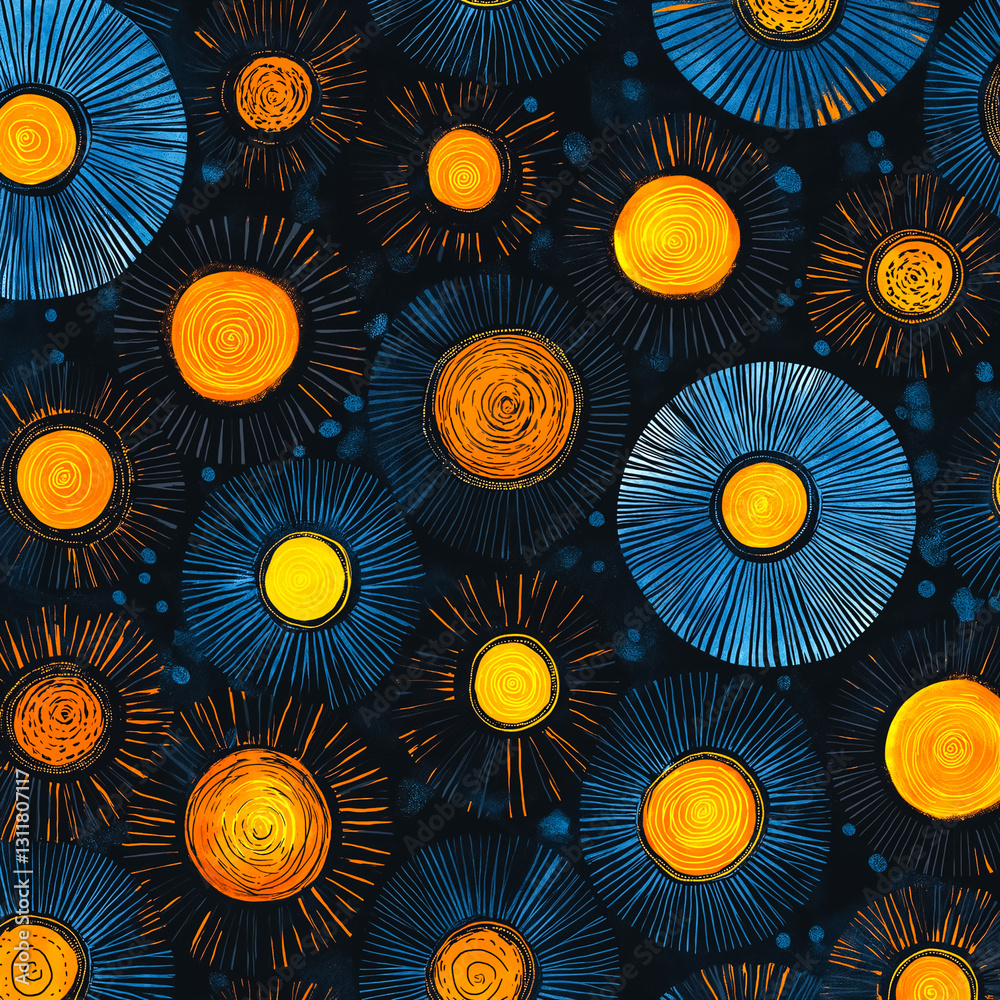 Colorful abstract pattern featuring sun-like shapes against a dark background. Colorful abstract pattern featuring sun-like shapes against a dark background.