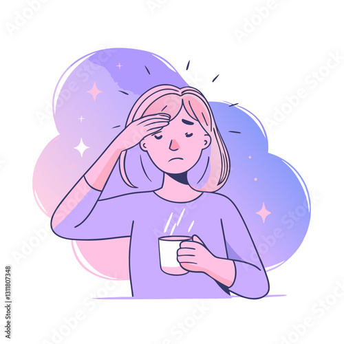 Minimalist vector illustration of a sick woman holding a warm drink, symbolizing illness, fatigue, and self-care. Soft and expressive design.