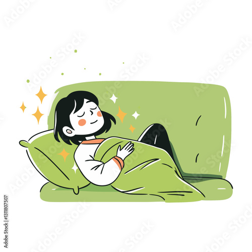 Minimalist vector illustration of a woman resting on a couch with a cozy blanket, symbolizing relaxation, comfort, and self-care. Soft and peaceful design.