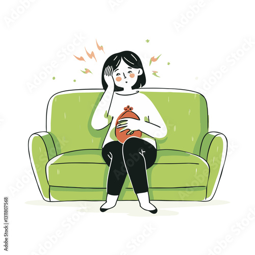 Vector illustration of a woman sitting on a sofa with a headache, holding a hot water bottle. Concept of pain relief, illness, stress, and self-care.