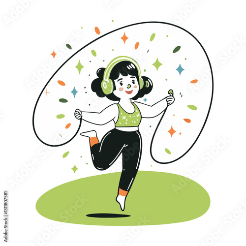 Minimalist vector illustration of a happy woman skipping rope while wearing headphones, symbolizing fitness, energy, and an active lifestyle. Fun and dynamic design.