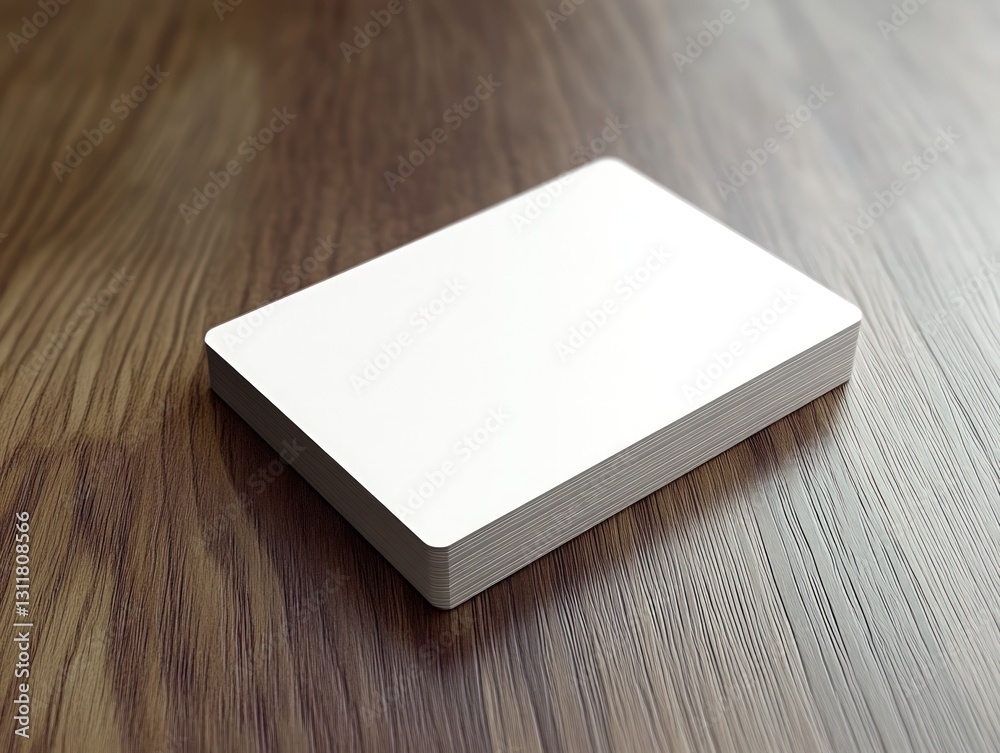 Close up of a deck of white playing cards on a wooden table with soft focus and subtle lighting Close up of a deck of white playing cards on a wooden table with soft focus and subtle lighting