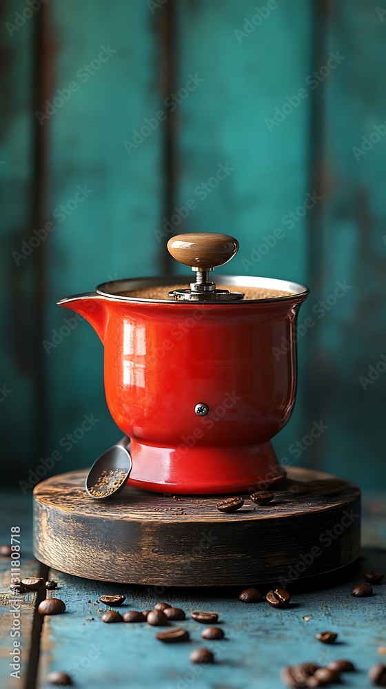 Red coffee press on wooden board with beans. Red coffee press on wooden board with beans.