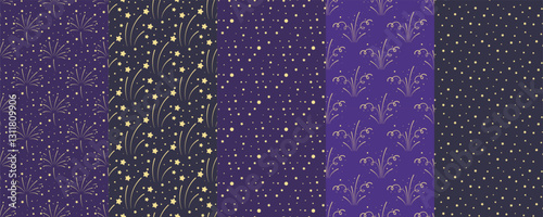 Set of seamless patterns with fireworks, stars and confetti. Festive night background with solute bursts. Print for textile, paper, packaging, design. Vector graphics