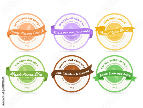 Vibrant labels of granola varieties showcasing nutritious flavors and health benefits for a healthy breakfast