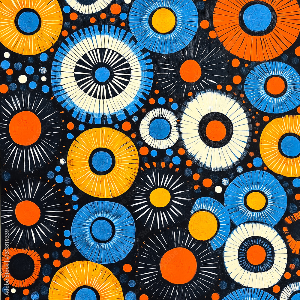 Vibrant abstract pattern with circles and dots in blue, orange, and white on a dark background. Vibrant abstract pattern with circles and dots in blue, orange, and white on a dark background.