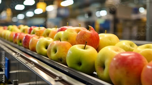Streamlined production of Gala apples on a conveyor system in a factory setting.