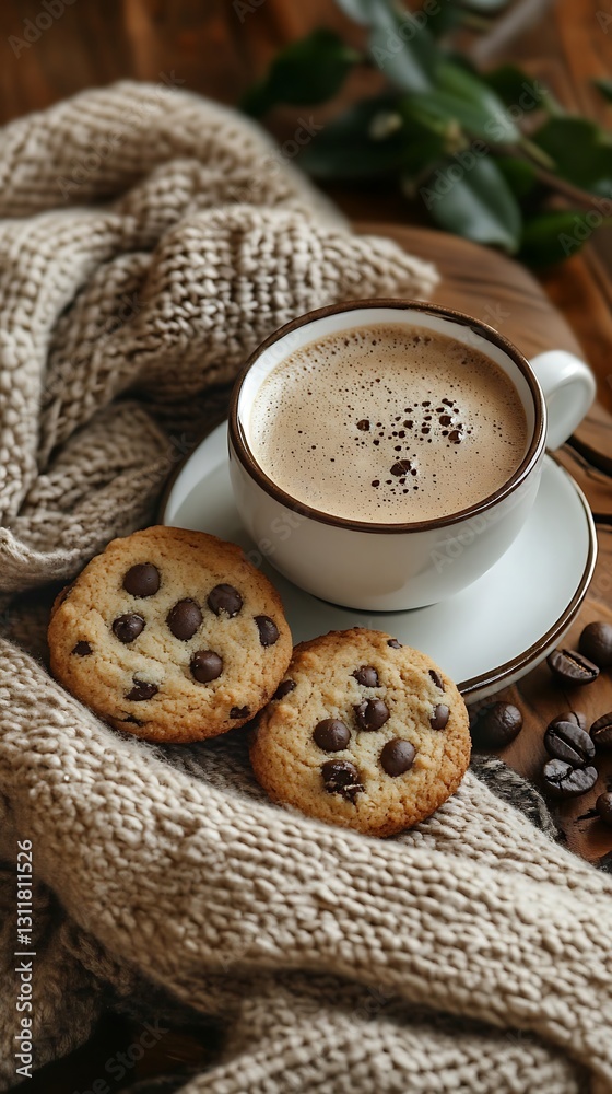 Cozy autumn scene with coffee, chocolate chip cookies, and a knitted sweater. Cozy autumn scene with coffee, chocolate chip cookies, and a knitted sweater.