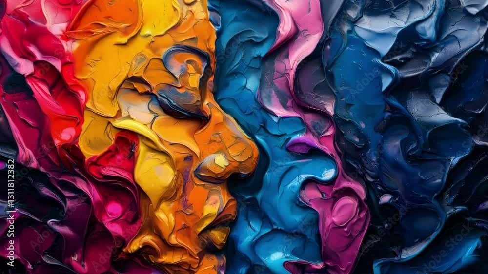 Colorful abstract portrait of a girl with her eyes closed on a colored background. AI-generated item
