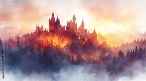 Mystical watercolor ancient castle surrounded by mist, white background