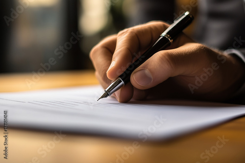 A businessman in a suit is signing a document agreement or contract. At close range