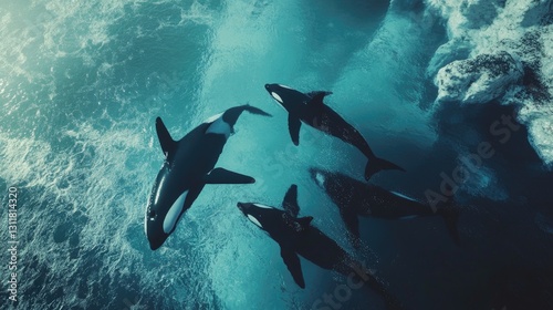 Wallpaper Mural Pod of orcas gracefully navigating frigid arctic waters, top down view Torontodigital.ca