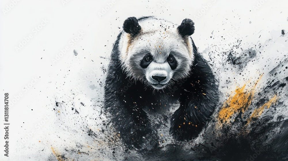Fototapeta premium Playful watercolor panda in black and white brushstrokes, white background