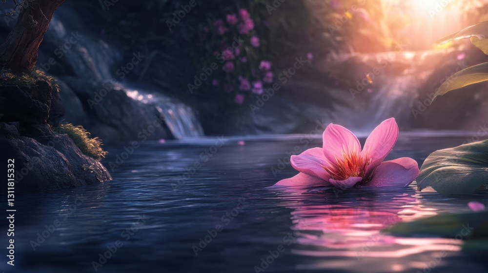 Fototapeta premium Serene Pink Lotus Blooming in Tranquil Water with Soft Light Creating a Dreamy Atmosphere in a Natural Setting