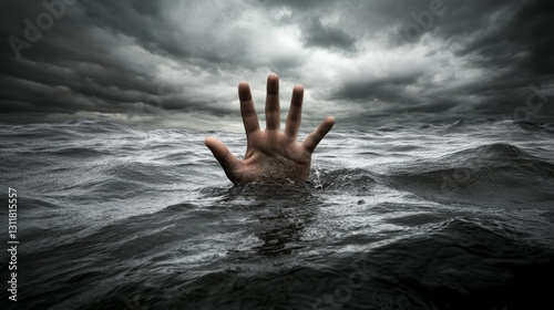 A solitary hand stretching out of the stormy sea, surrounded by dramatic waves and a threatening, cloud-filled sky. A vivid portrayal of struggle and hope amidst chaos.. AI Generation. AI Generation