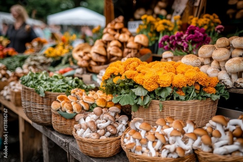 A beautifully arranged market stand featuring baskets of fresh mushrooms, from portobellos to chanterelles, ready for sale photo