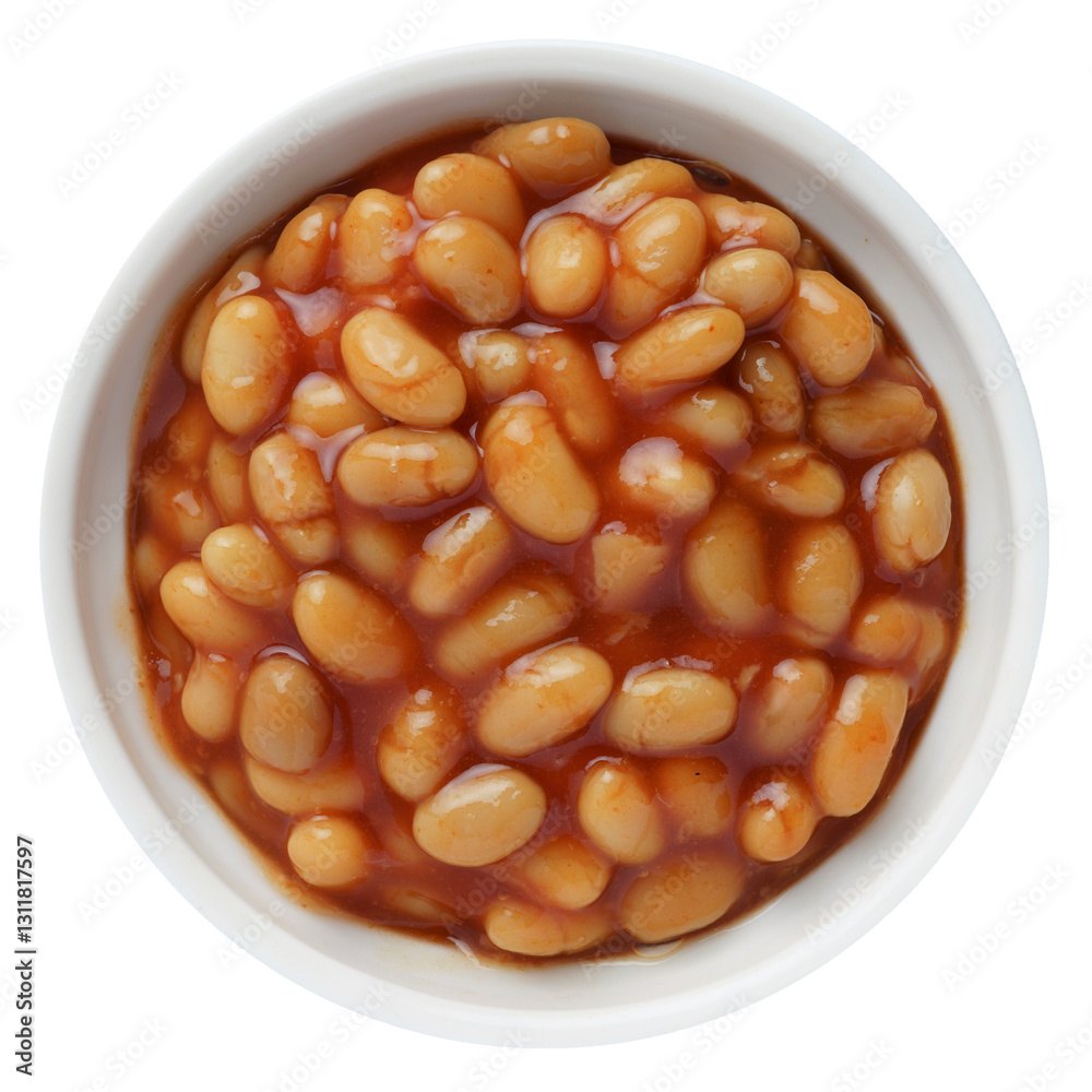 Baked beans in tomato sauce in a white ceramic bowl isolated on white. Top view. Baked beans in tomato sauce in a white ceramic bowl isolated on white. Top view.