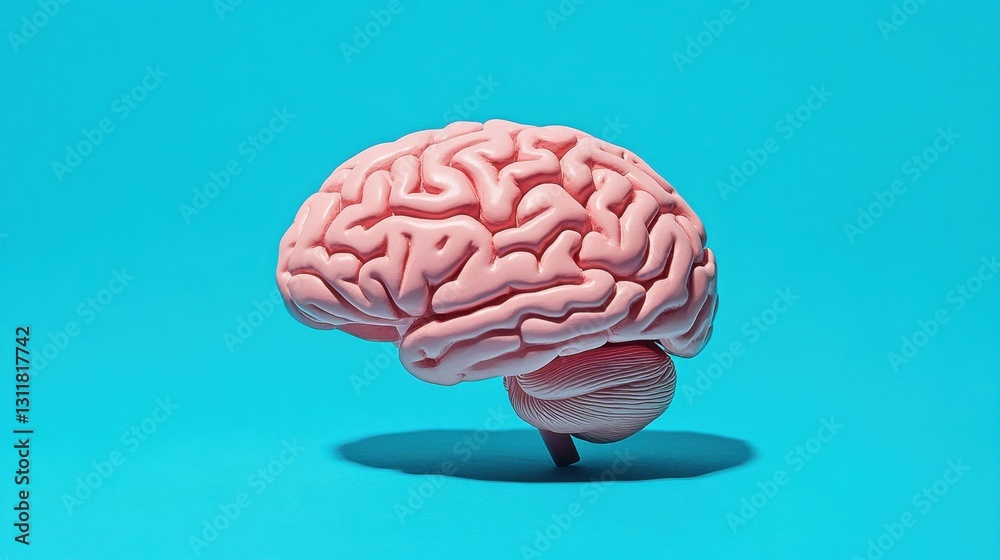 Realistic human brain model on a vibrant blue background showcasing intricate details and textures of brain anatomy in a bold artistic representation Realistic human brain model on a vibrant blue background showcasing intricate details and textures of brain anatomy in a bold artistic representation