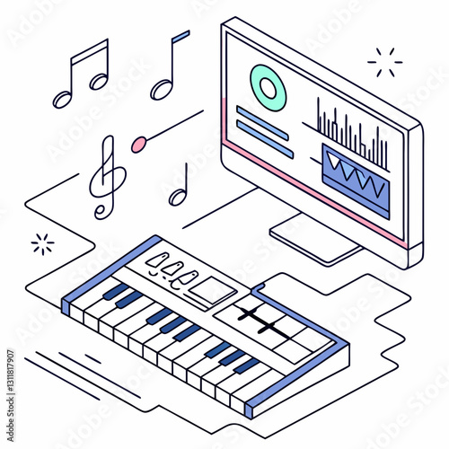 AI music composer creating music with keyboard and computer