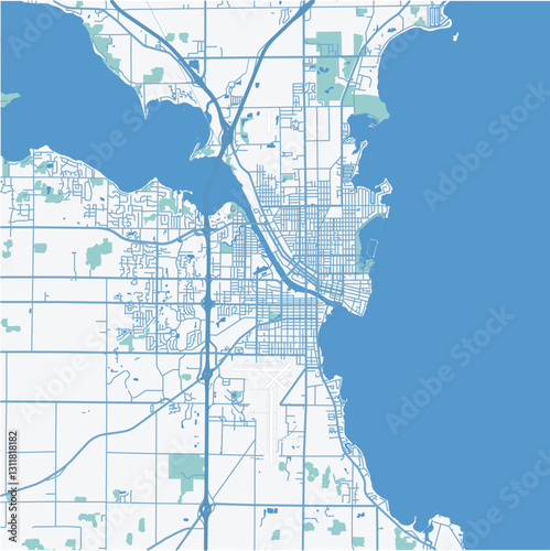 Map of Oshkosh in Wisconsin in a professional blue style. Contains layered vector with roads water, parks, etc.