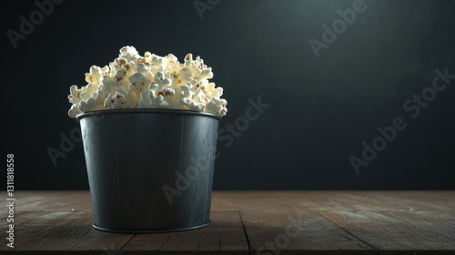 Fresh Popcorn in a Rustic Bucket on a Wooden Table Against a Dark Background Ideal for Movie Night or Snack Time Themes in Food Photography