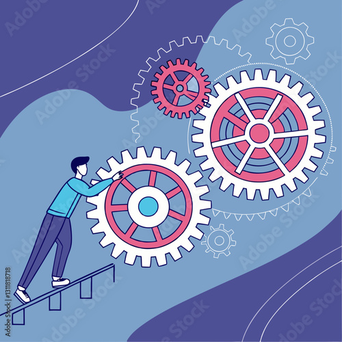 Person adjusting gears in blue background