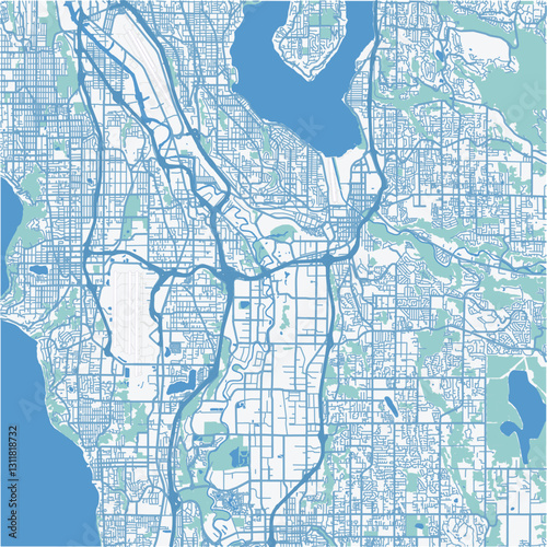 Map of Renton in Washington in a professional blue style. Contains layered vector with roads water, parks, etc.