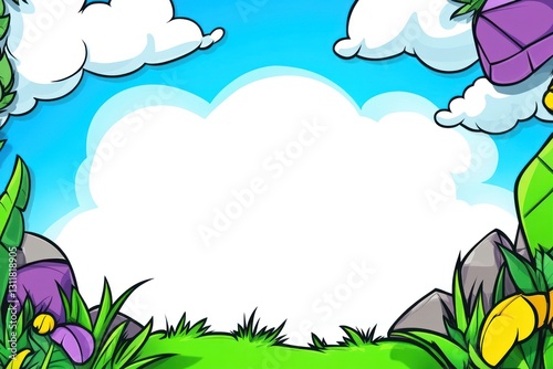 Frame Cartoon plants, rocks surround blank space below bright sky and clouds