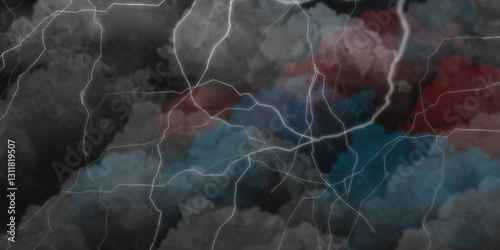 Fork lightning striking down during summer storm. Lightning, thunder cloud dark cloudy sky.