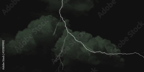 Fork lightning striking down during summer storm. Lightning, thunder cloud dark cloudy sky.