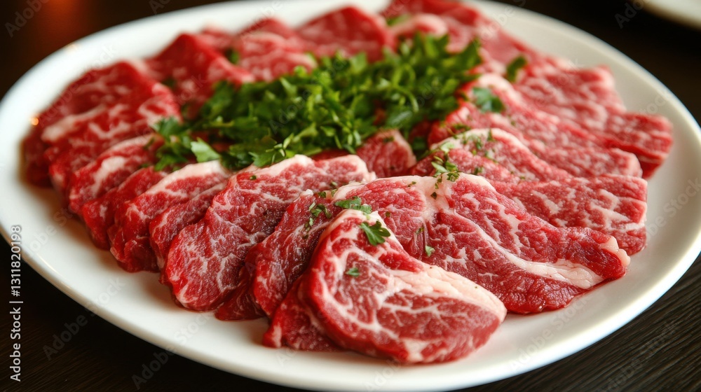 Freshly Sliced Raw Beef with Garnish of Green Herbs on White Plate, Ready for Cooking or Cooking Preparation in Gourmet Kitchen Environment Freshly Sliced Raw Beef with Garnish of Green Herbs on White Plate, Ready for Cooking or Cooking Preparation in Gourmet Kitchen Environment