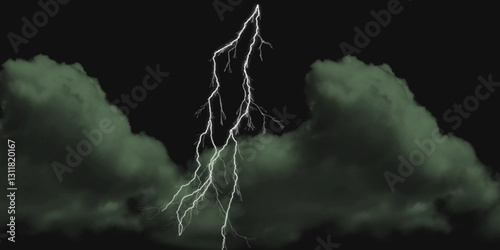 Fork lightning striking down during summer storm. Lightning, thunder cloud dark cloudy sky.