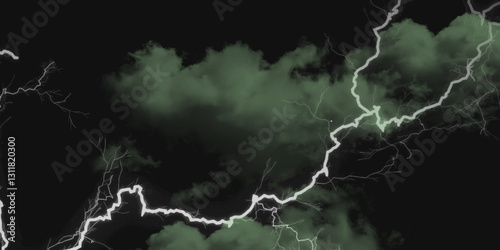 Fork lightning striking down during summer storm. Lightning, thunder cloud dark cloudy sky.