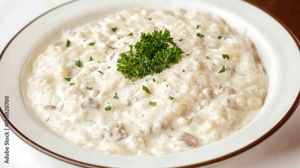 A plate of creamy mushroom risotto garnished with fresh parsley and grated Parmesan cheese. A plate of creamy mushroom risotto garnished with fresh parsley and grated Parmesan cheese.