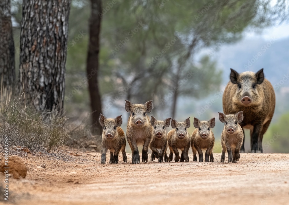 Five small piglets frolic joyfully in a vibrant farmyard, with wild boars roaming in the background, capturing a charming moment. Five small piglets frolic joyfully in a vibrant farmyard, with wild boars roaming in the background, capturing a charming moment.