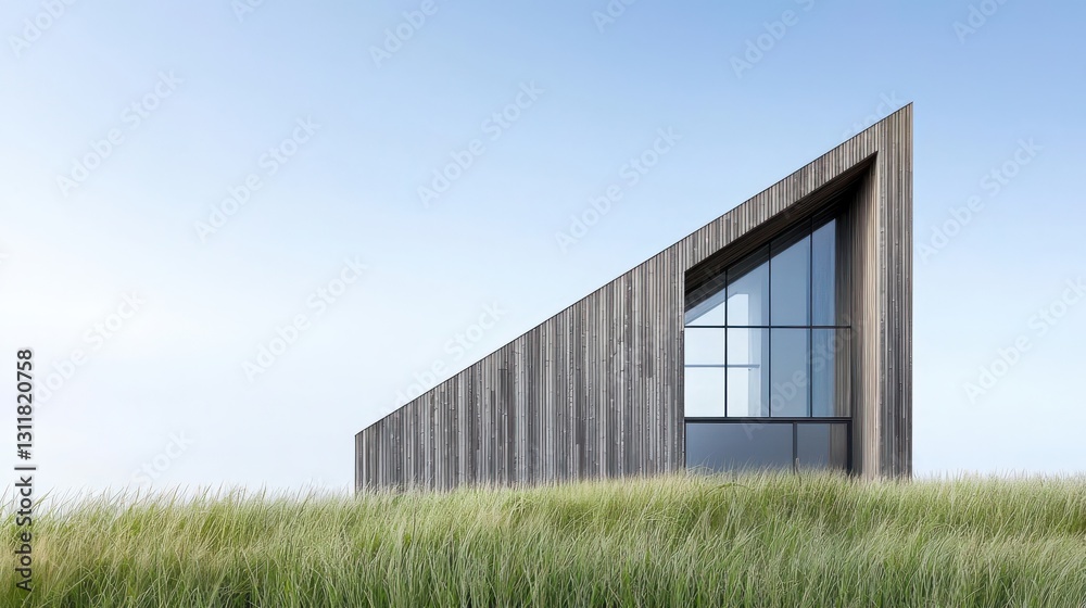 A modern wooden house with large windows, set against a backdrop of tall grass and a clear blue sky.