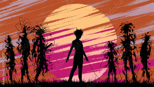 Boy Silhouette in a Field at Sunset with Orange and Purple Sky
