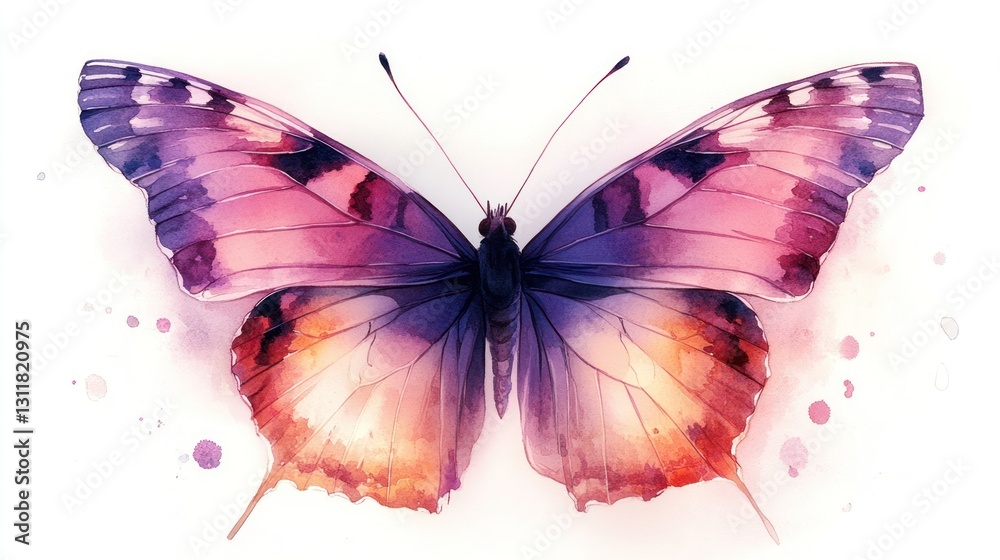 Obraz premium Soft watercolor butterfly with delicate pink and purple wings, white background