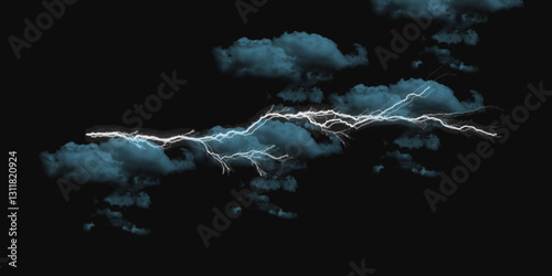Fork lightning striking down during summer storm. Lightning, thunder cloud dark cloudy sky.