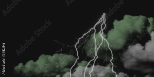 Fork lightning striking down during summer storm. Lightning, thunder cloud dark cloudy sky.
